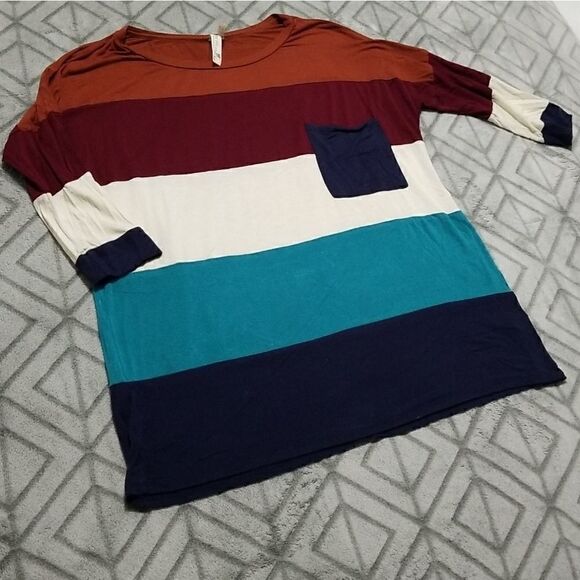 Pink Owl Striped Color Block Loose Fit Casual Basic Stretchy Blouse Tunic - Picture 2 of 5